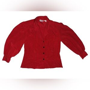 Vintage Red button up blouse with black mini stripe pattern with shoulder pads